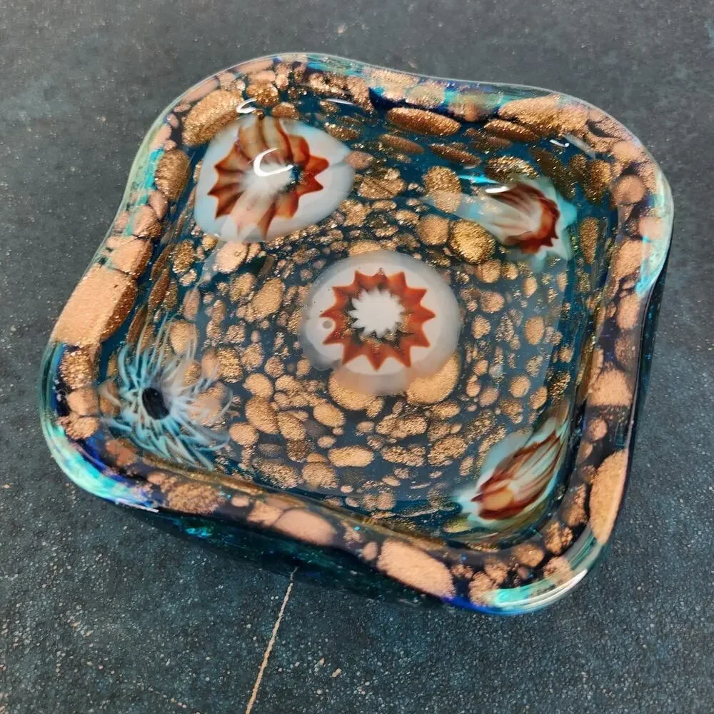 VTG Murano Tutti Frutti Blue Bowl Ashtray Trinket Dish Holder Home Decor